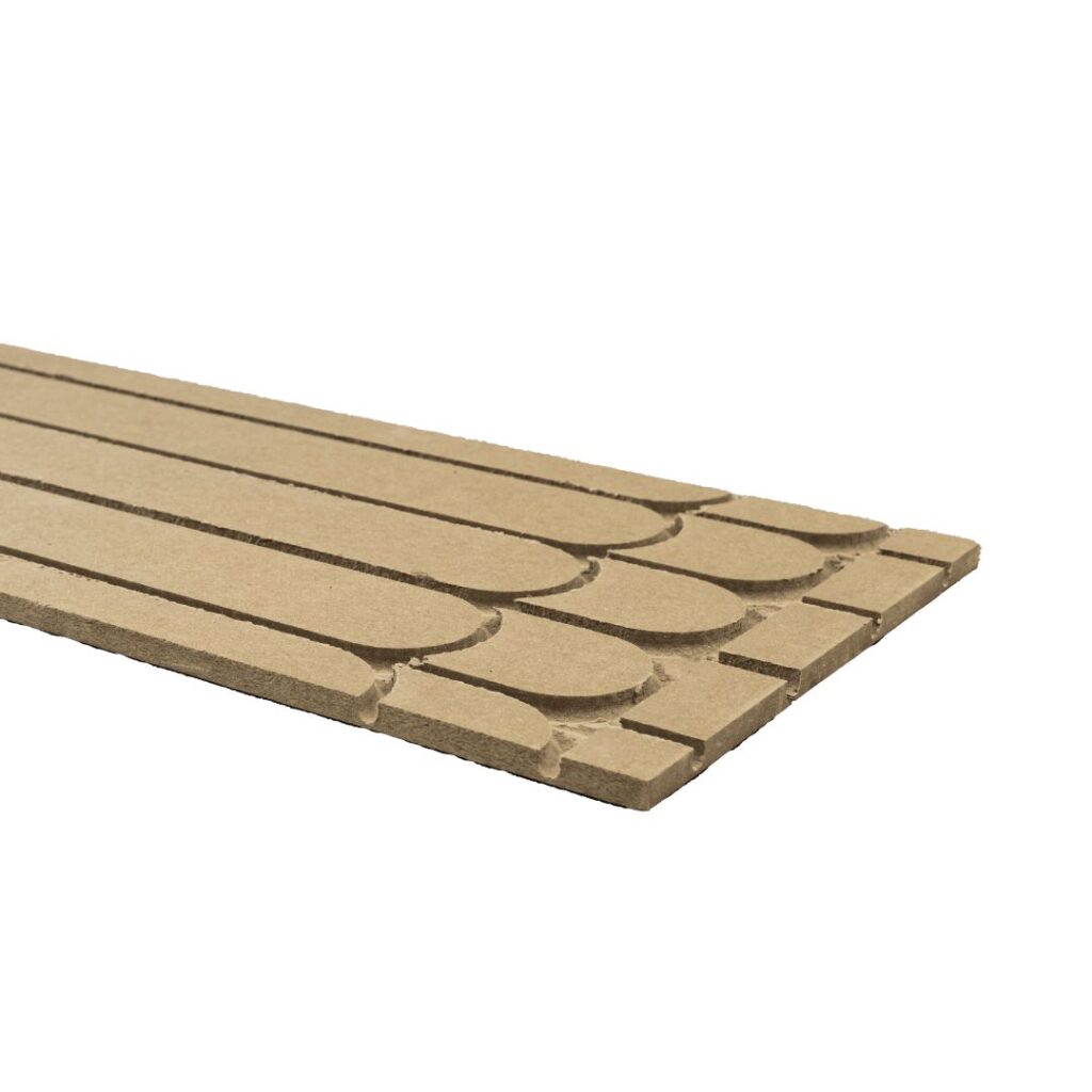 HÖRSTAD Acoustic Wood Fibre Board – straight element with double torsion ending for 16mm Pipe (150mm spacing) 1200mm x 600mm x 36mm